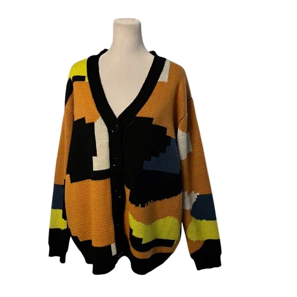 Fore Abstract Colorful Vneck Cardigan Sweater Size XL - Picture 4 of 8